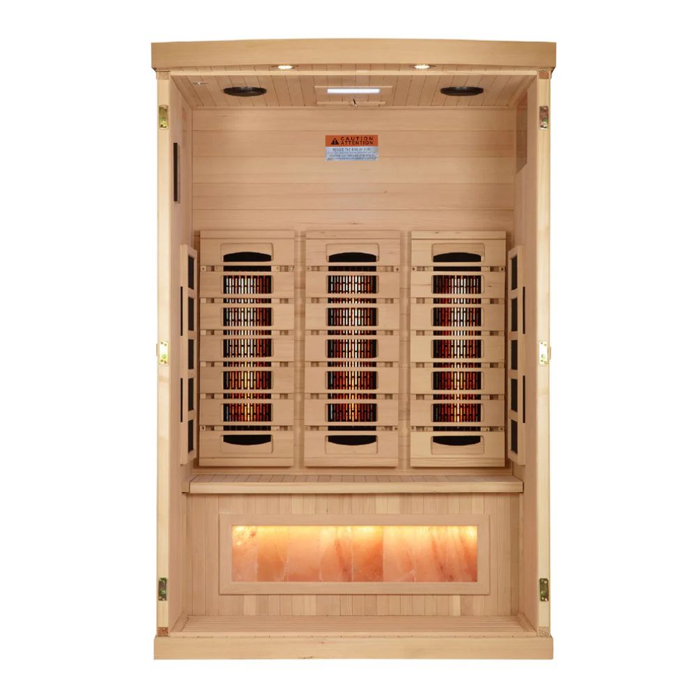 Infrared sauna with wooden interior and glowing light on a white background