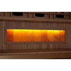 Wooden sauna with a glowing interior panel