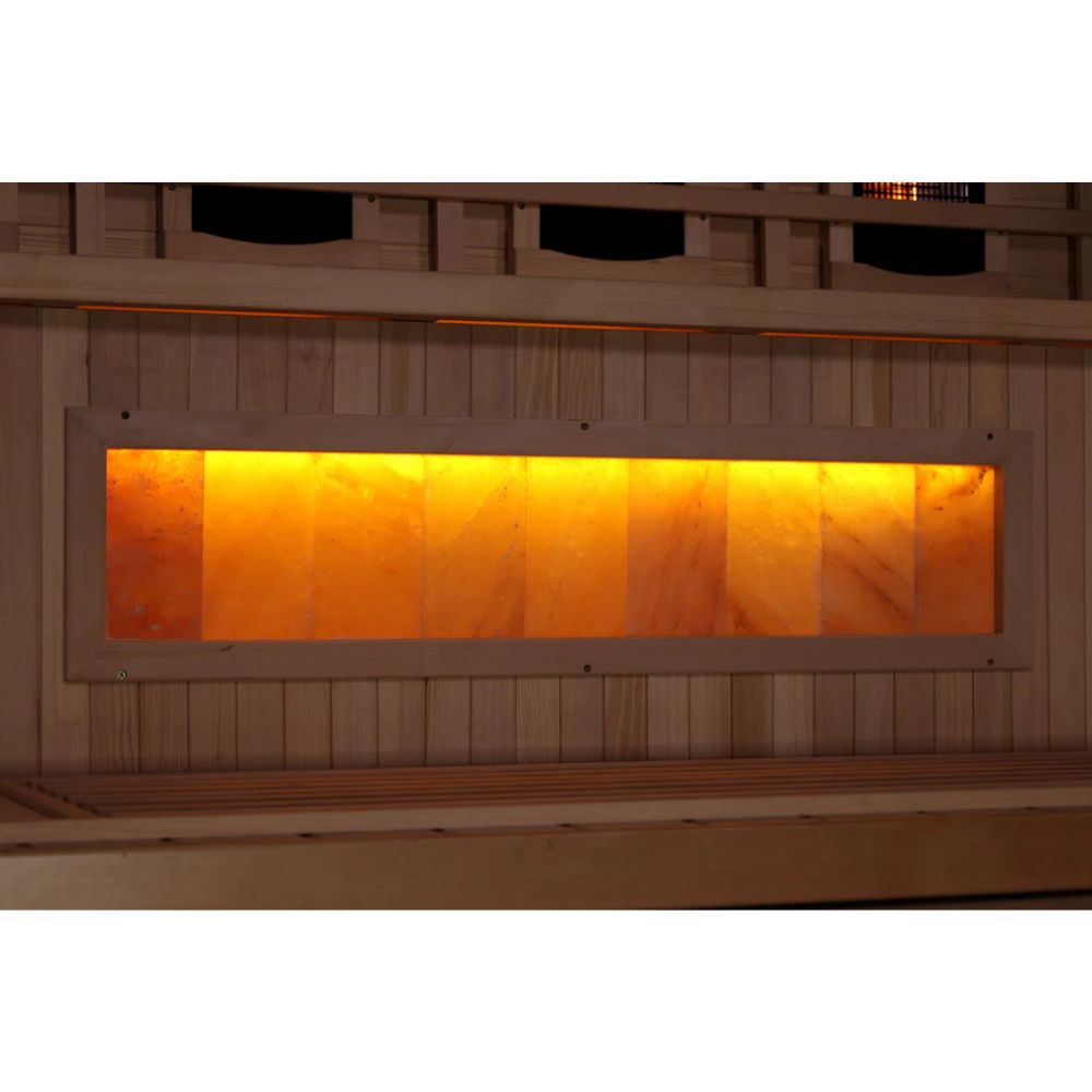Wooden sauna with a glowing interior panel