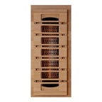 Wooden sauna door with multiple panels on a white background