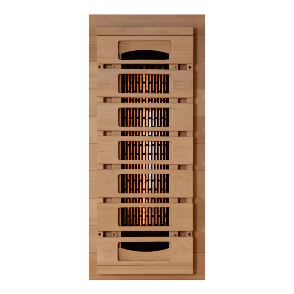 Wooden sauna door with multiple panels on a white background