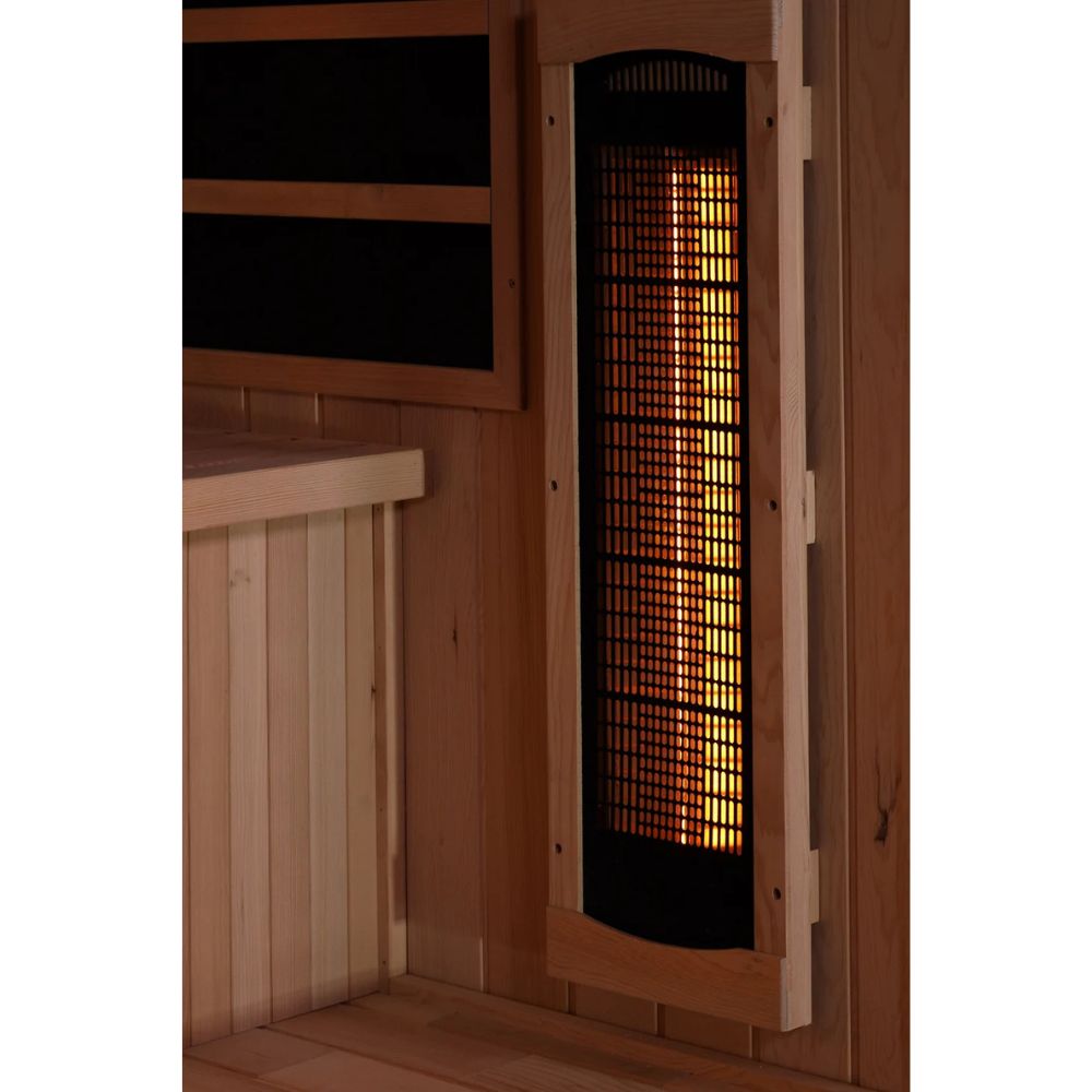 Wooden sauna with a glowing heater panel on a white background