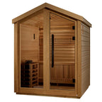 Wooden sauna with glass door on a white background