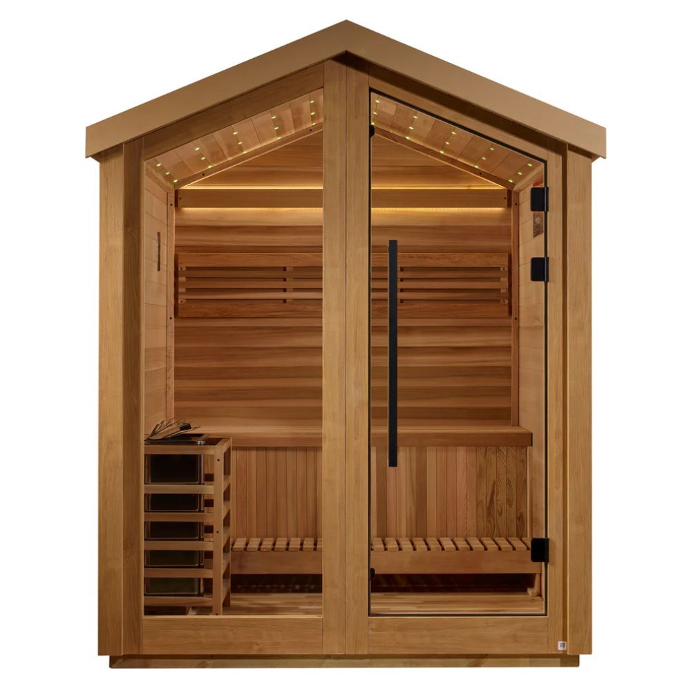 Wooden sauna with glass door on a white background