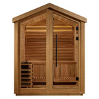 Wooden sauna with glass door on a white background