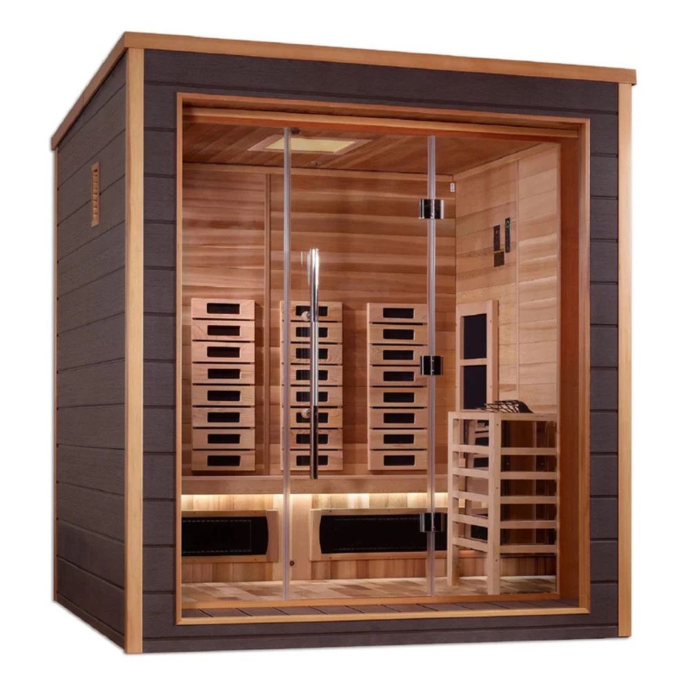 Wooden sauna with glass door on a white background
