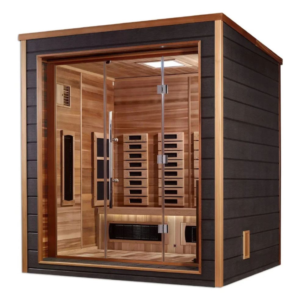 Wooden sauna with glass door on a white background