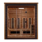 Wooden sauna with glass doors on a white background