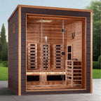 Wooden sauna with glass door in an outdoor setting