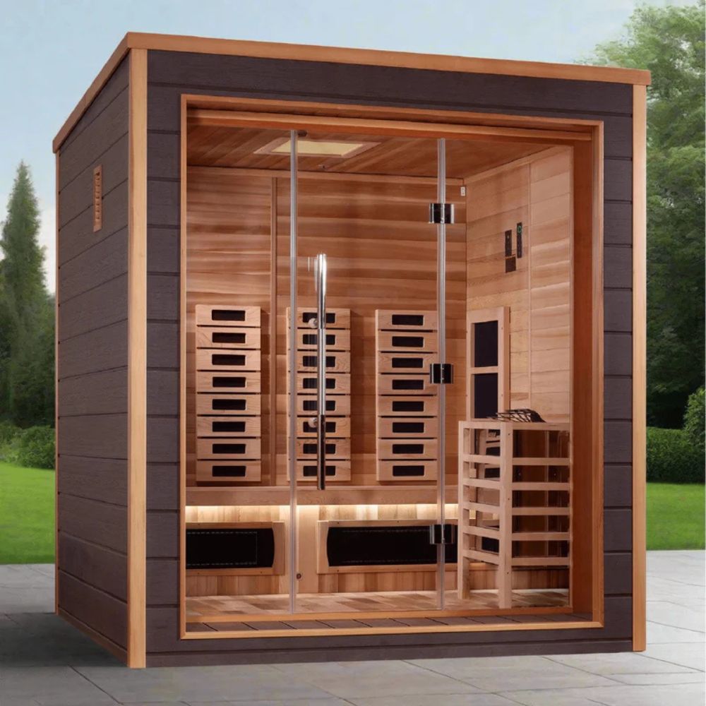 Wooden sauna with glass door in an outdoor setting