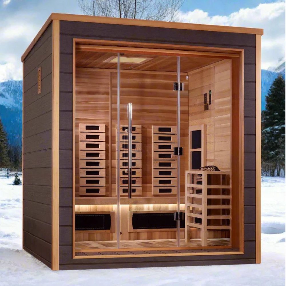 Wooden sauna with glass door in a snowy outdoor setting