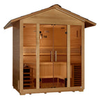 Wooden sauna with glass doors on a white background