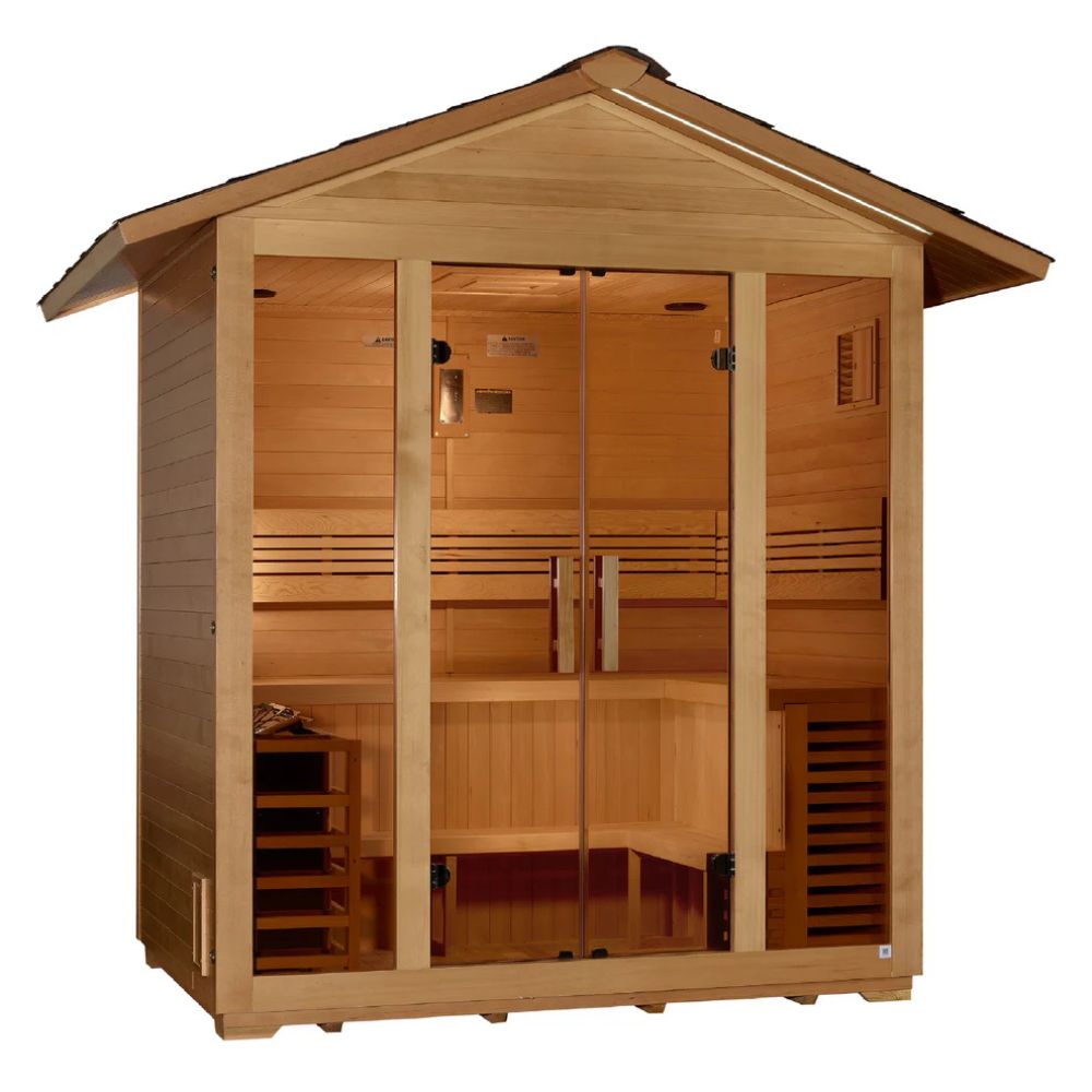 Wooden sauna with glass doors on a white background