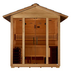Wooden sauna with glass doors on a white background
