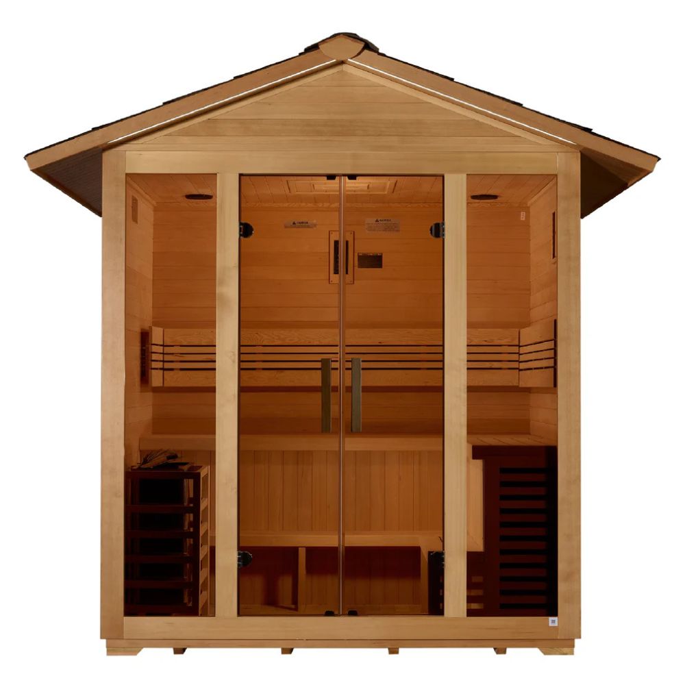 Wooden sauna with glass doors on a white background