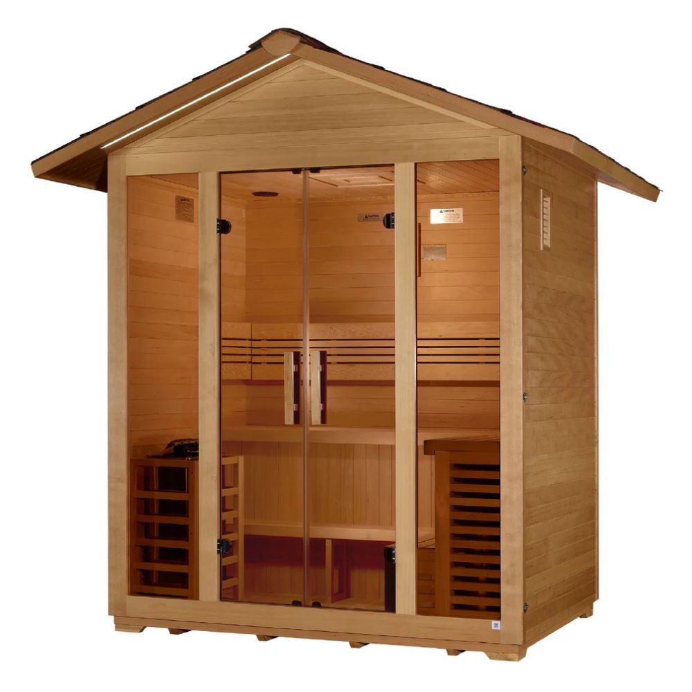 Wooden sauna with interior details on a white background