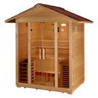 Wooden sauna with a brown roof on a white background