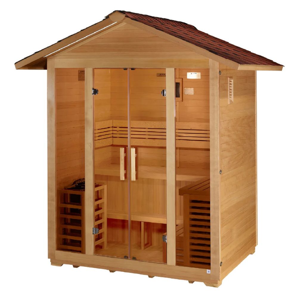 Wooden sauna with a brown roof on a white background