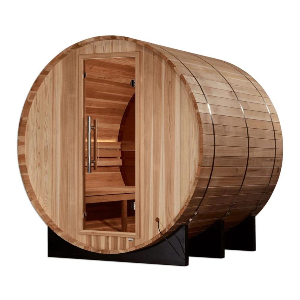 Wooden barrel-shaped sauna on a white background