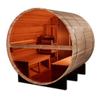 Wooden barrel sauna with interior benches on a white background