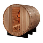 Wooden barrel-shaped sauna on a white background