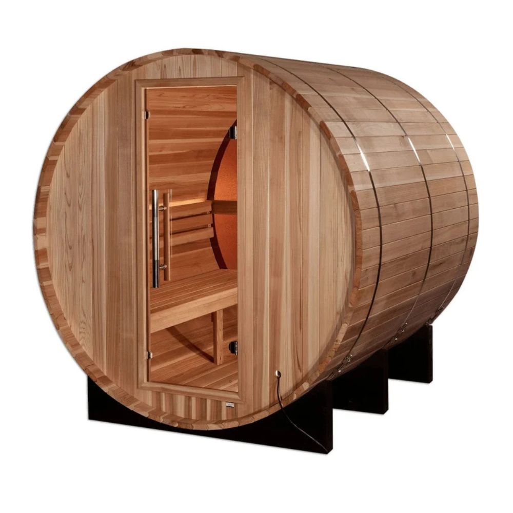 Wooden barrel-shaped sauna on a white background