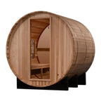 Wooden barrel-shaped sauna on a white background