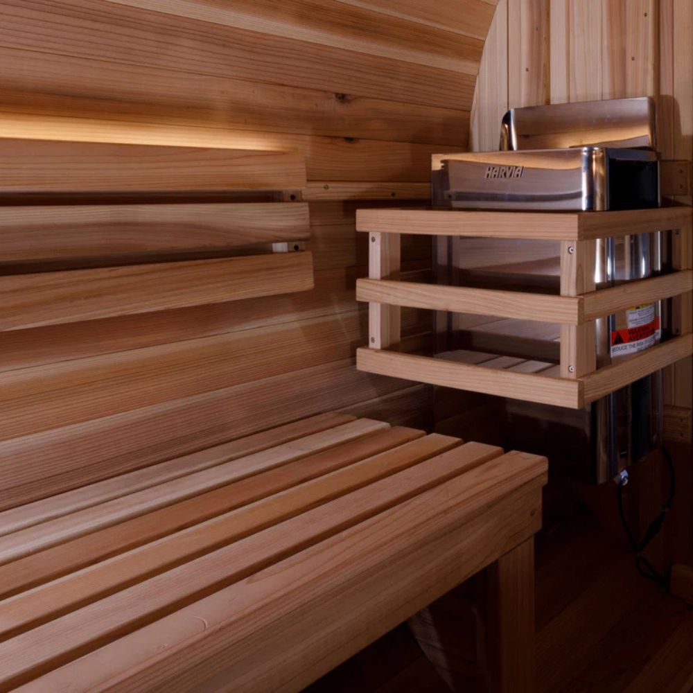 Wooden sauna interior with benches and shelves.