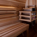 Wooden sauna interior with benches and shelves.