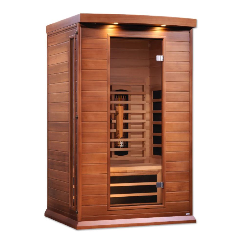 Wooden sauna with interior lights on a white background