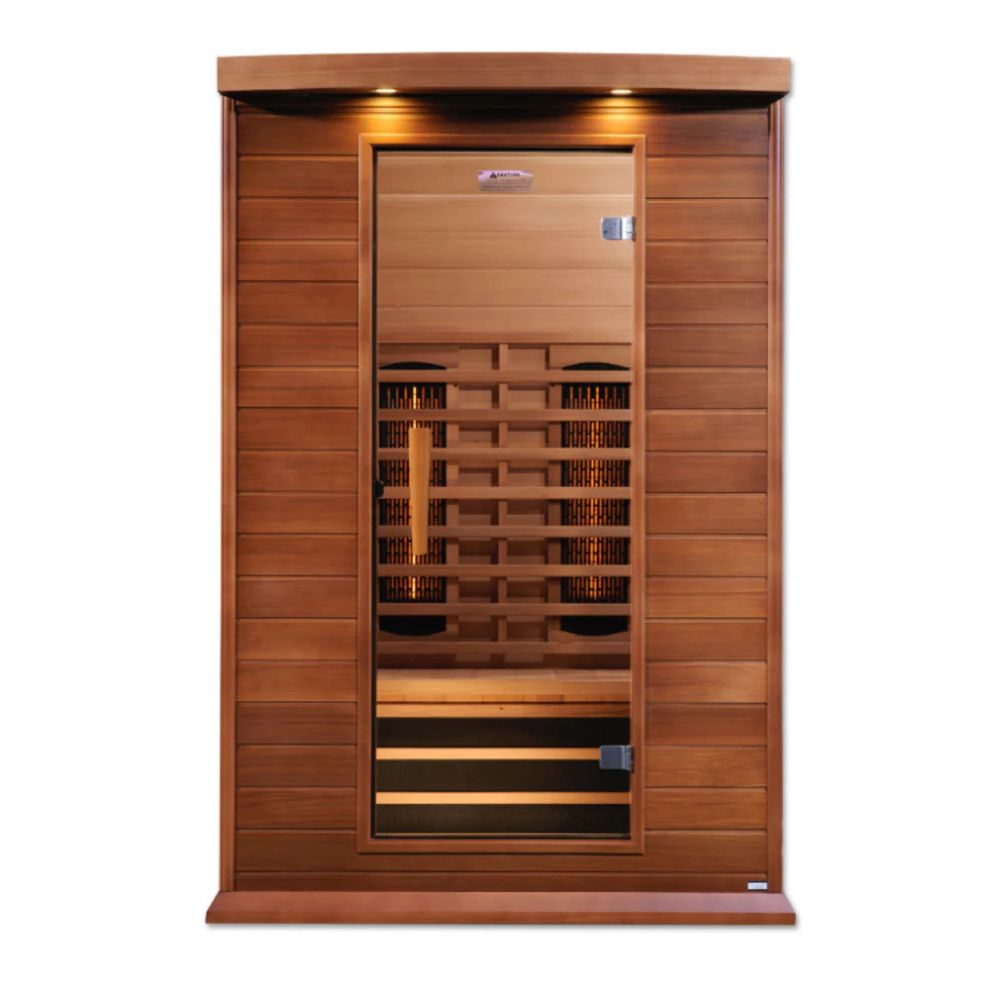 Wooden sauna with glass door on a white background