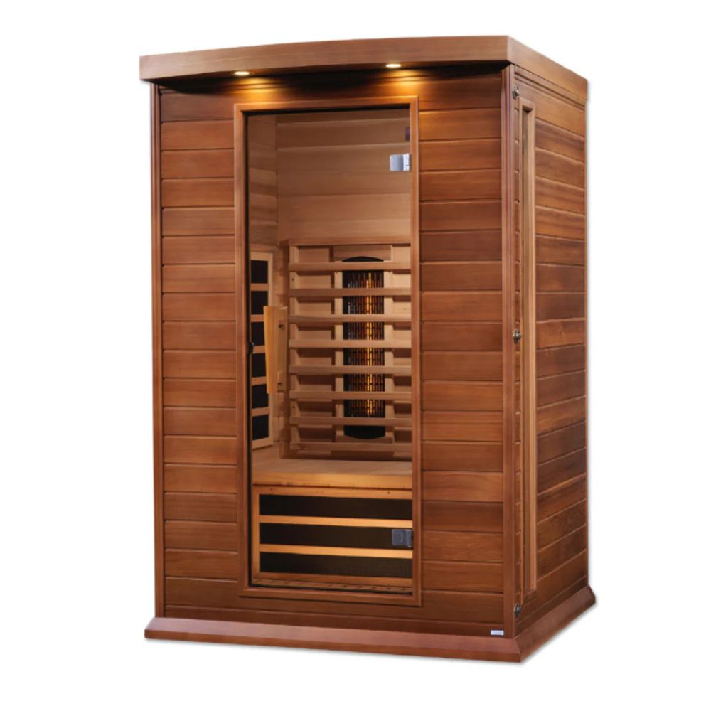 Wooden sauna with glass door on a white background