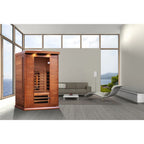 Wooden sauna in a modern living room with large windows