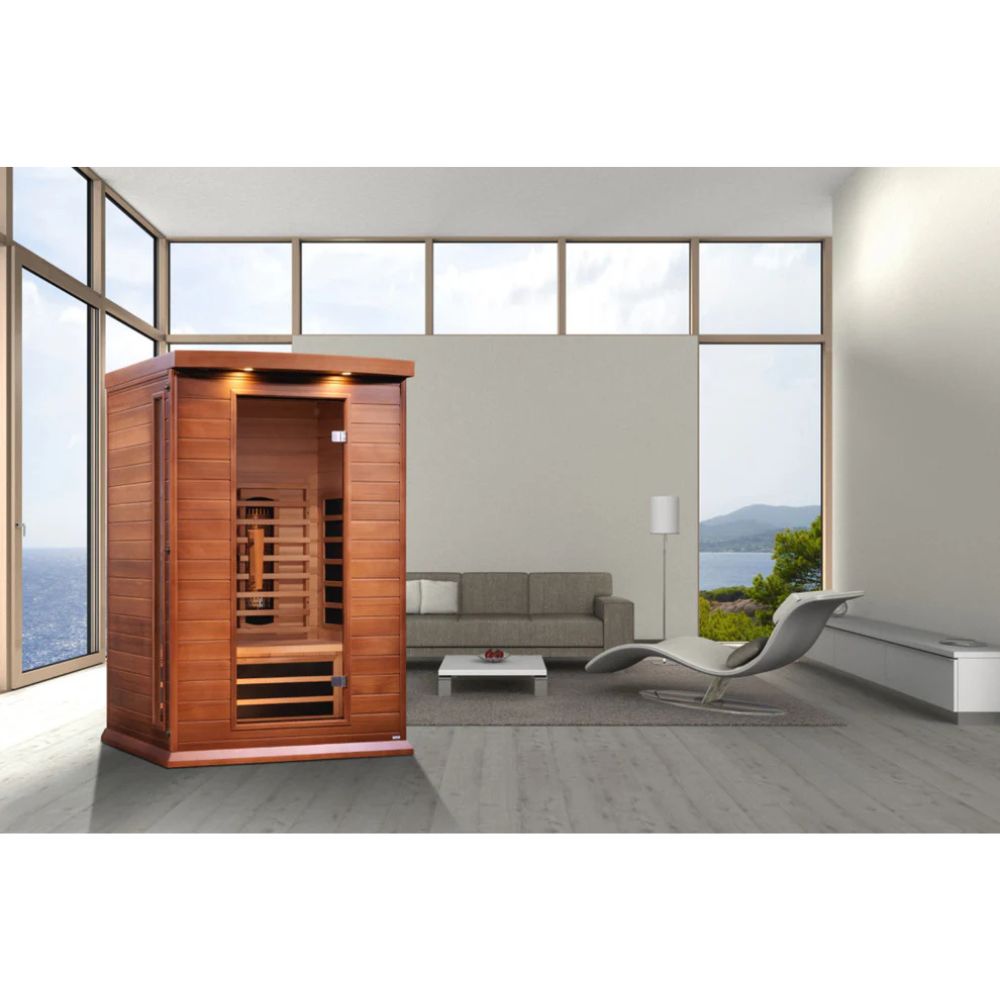 Wooden sauna in a modern living room with large windows