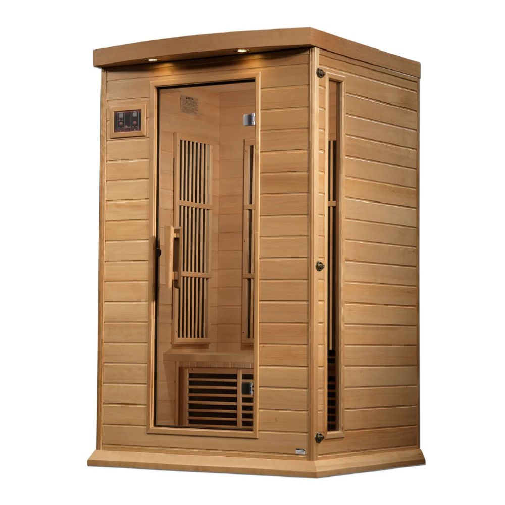 Wooden sauna with a door on a white background