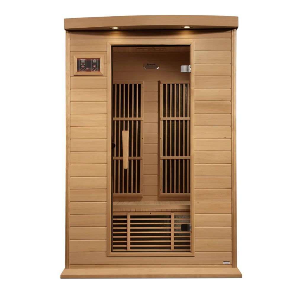 Wooden sauna with lattice design on a white background