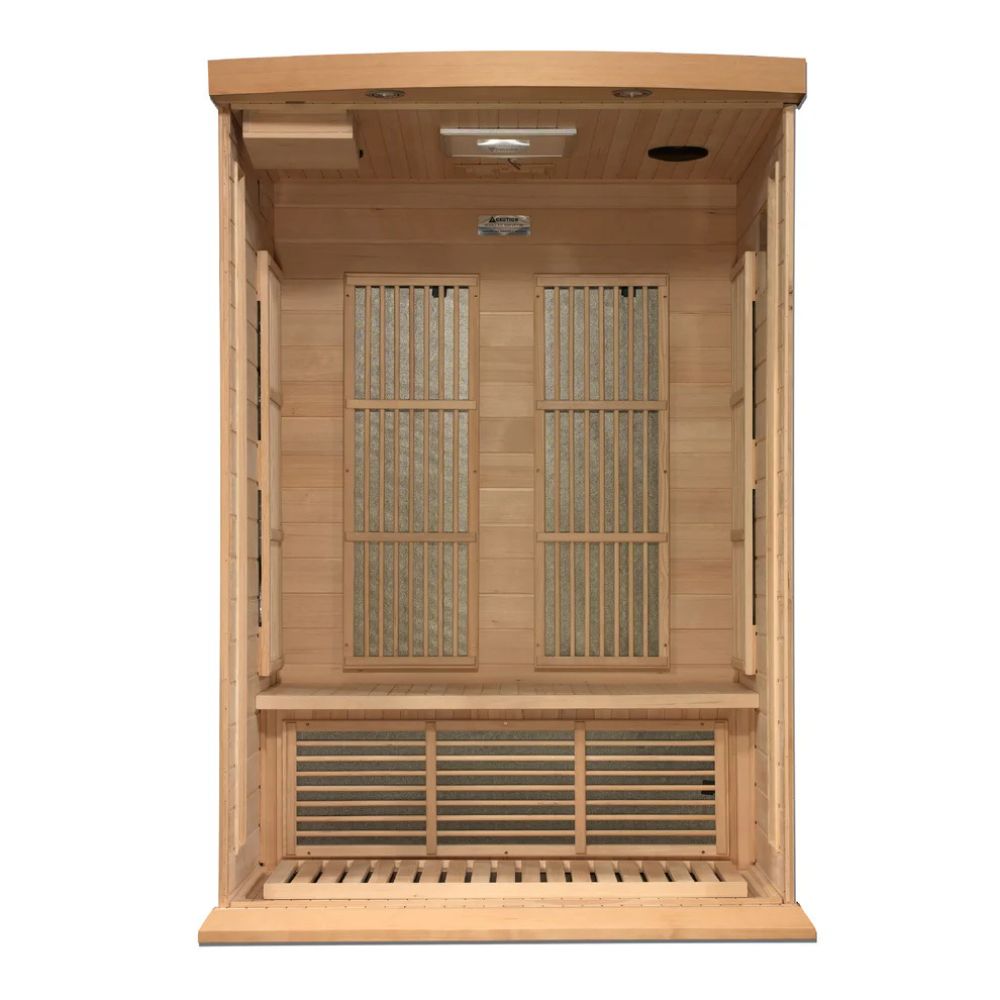 Wooden sauna with slatted doors on a white background