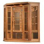 Wooden sauna with glass panels on a white background