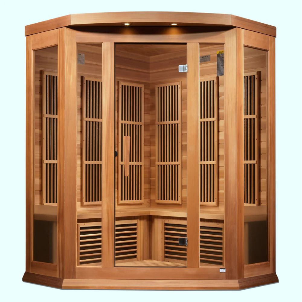 Wooden sauna with glass panels on a white background