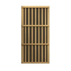 Wooden screen door with vertical slats on a white background