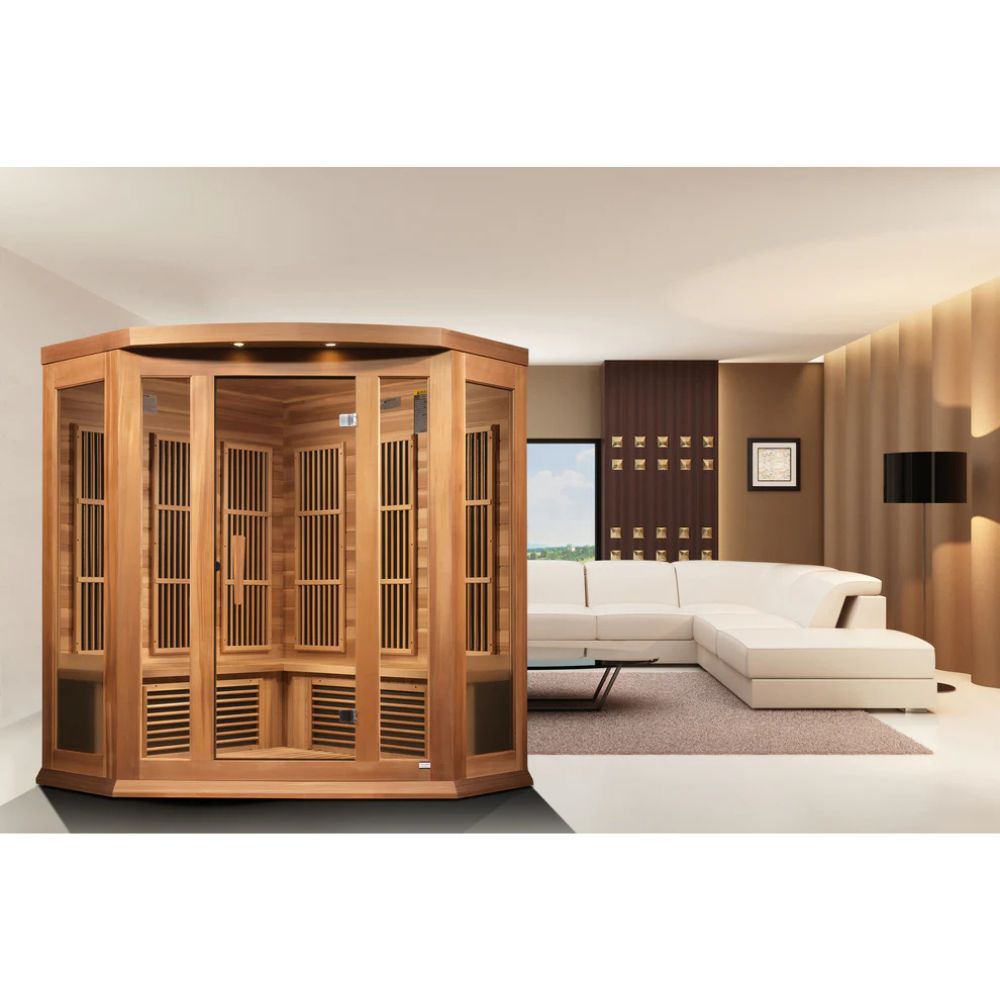 Wooden sauna in a modern living room with a white sofa and neutral decor.