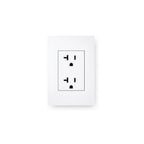 White wall socket with black outlets on a white background