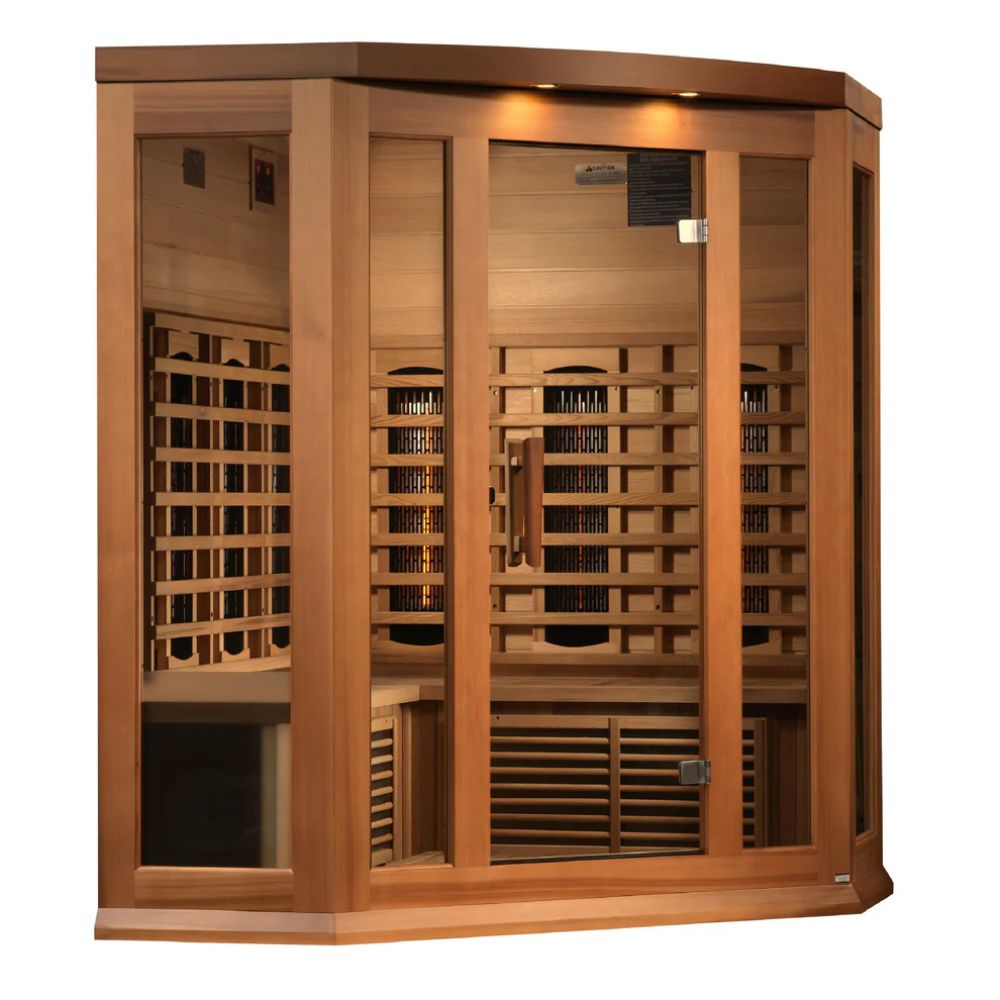 Wooden sauna with glass doors on a white background