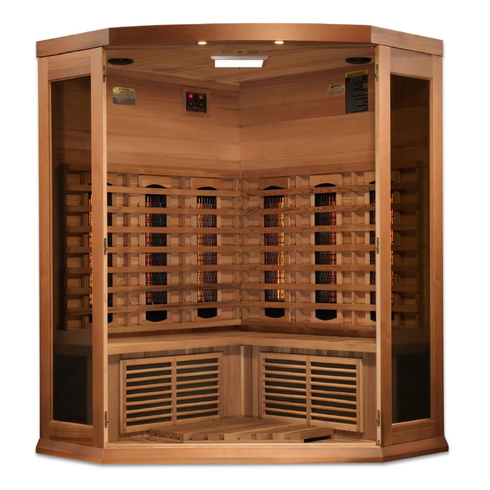 Wooden infrared sauna with a white background