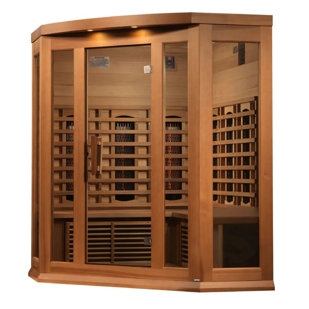 Wooden sauna with glass doors on a white background
