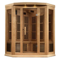 Wooden sauna with glass panels on a white background