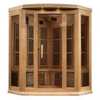 Wooden sauna with glass panels on a white background