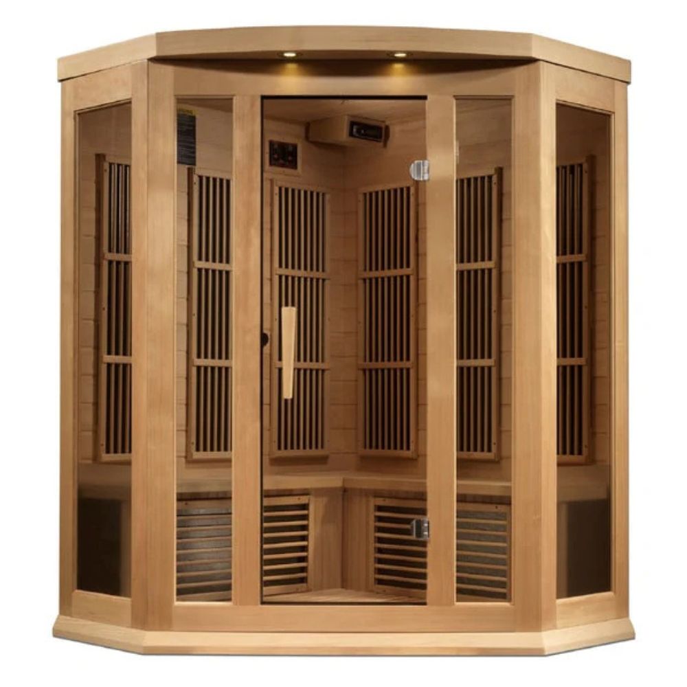 Wooden sauna with glass panels on a white background