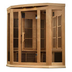Wooden sauna with glass doors on a white background