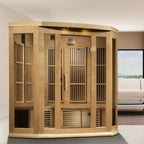 Wooden sauna with a modern interior design